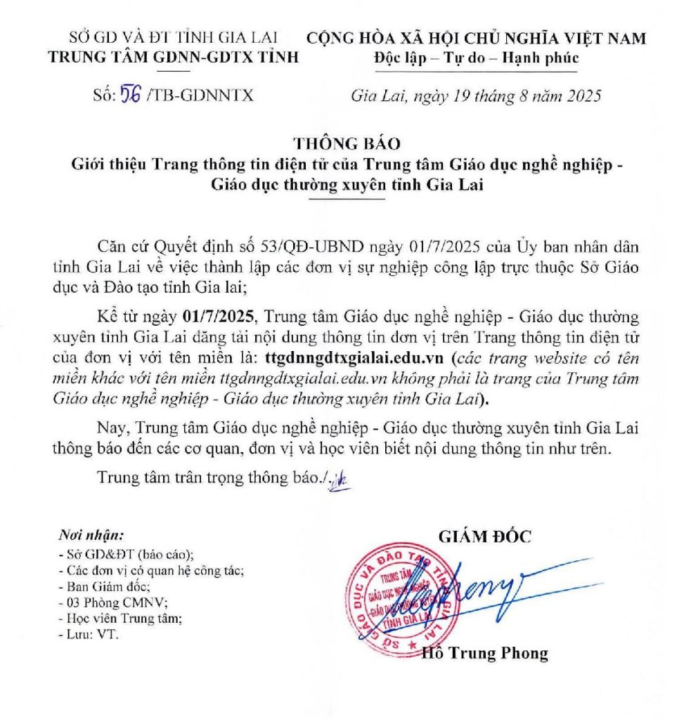 Thông báo về việc Giới thiệu Trang thông tin điện tử của Trung tâm Giáo dục nghề nghiệp – Giáo dục thường xuyên tỉnh Gia Lai