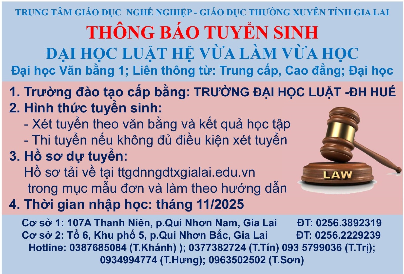 Thông báo tuyển sinh Đại học Luật hệ VLVH gồm: Văn bằng 1, Liên thông, văn bằng 2