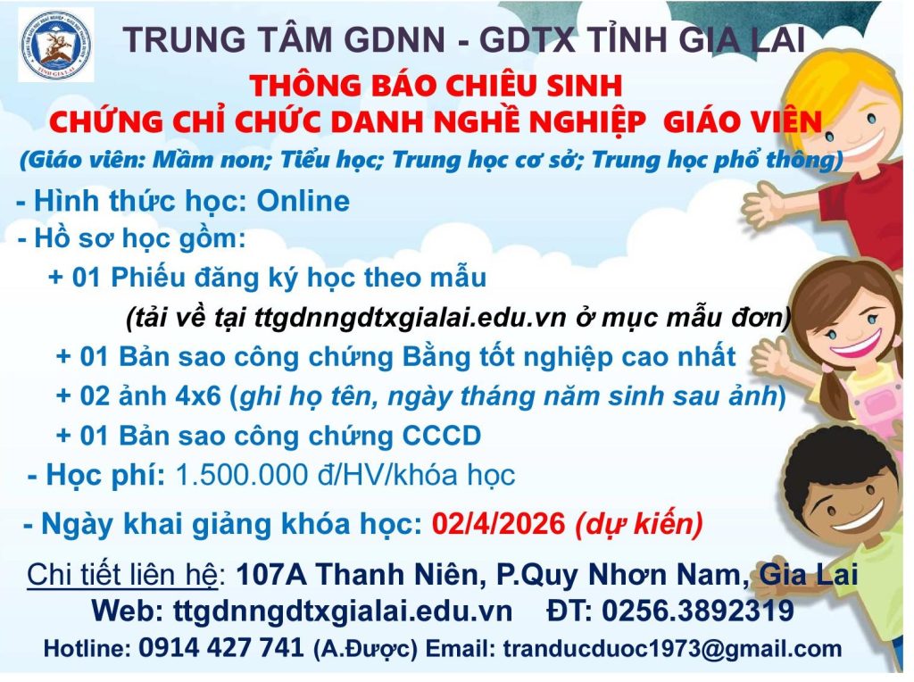 Thông báo Tuyển sinh chứng chỉ chức danh nghề nghiệp giáo viên các cấp: THPT, THCS, Tiểu học, Mầm non